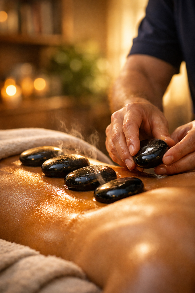 עיסוי אבנים חמות בגב. טיפול מקצועי לשחרור מתחים והקלה על כאבים.